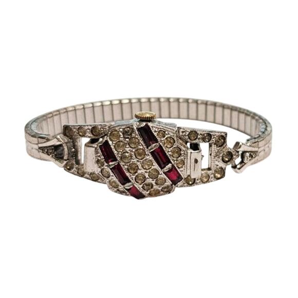 Vintage Retro Lucerne Rhinestone Wind-Up Watch Bracelet - 1950s - Picture 1 of 5